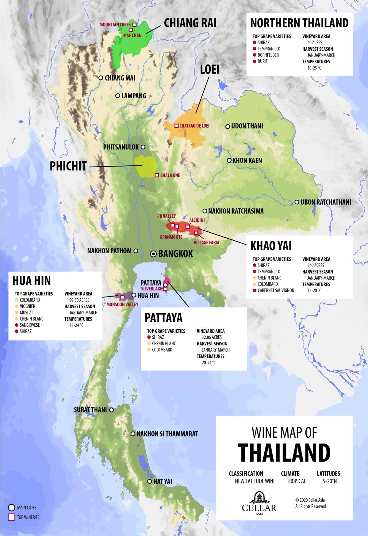 Mapa de los viñedos de Tailandia